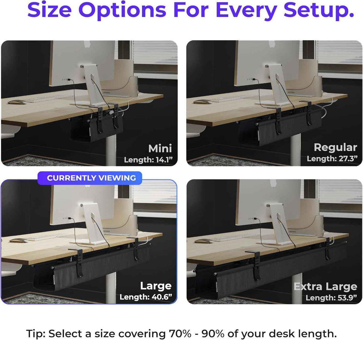40.6-Inch Heavy-Duty Under-Desk Cable Tray – Clamp-On Fabric Cord Organizer, Black