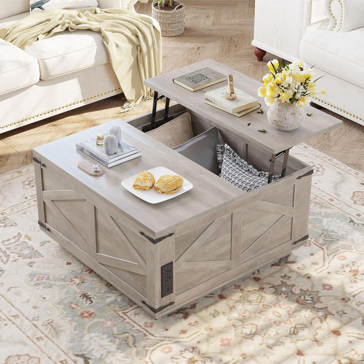 Jocoevol Lift Top Coffee Table with LED Lighting, Rustic Grey