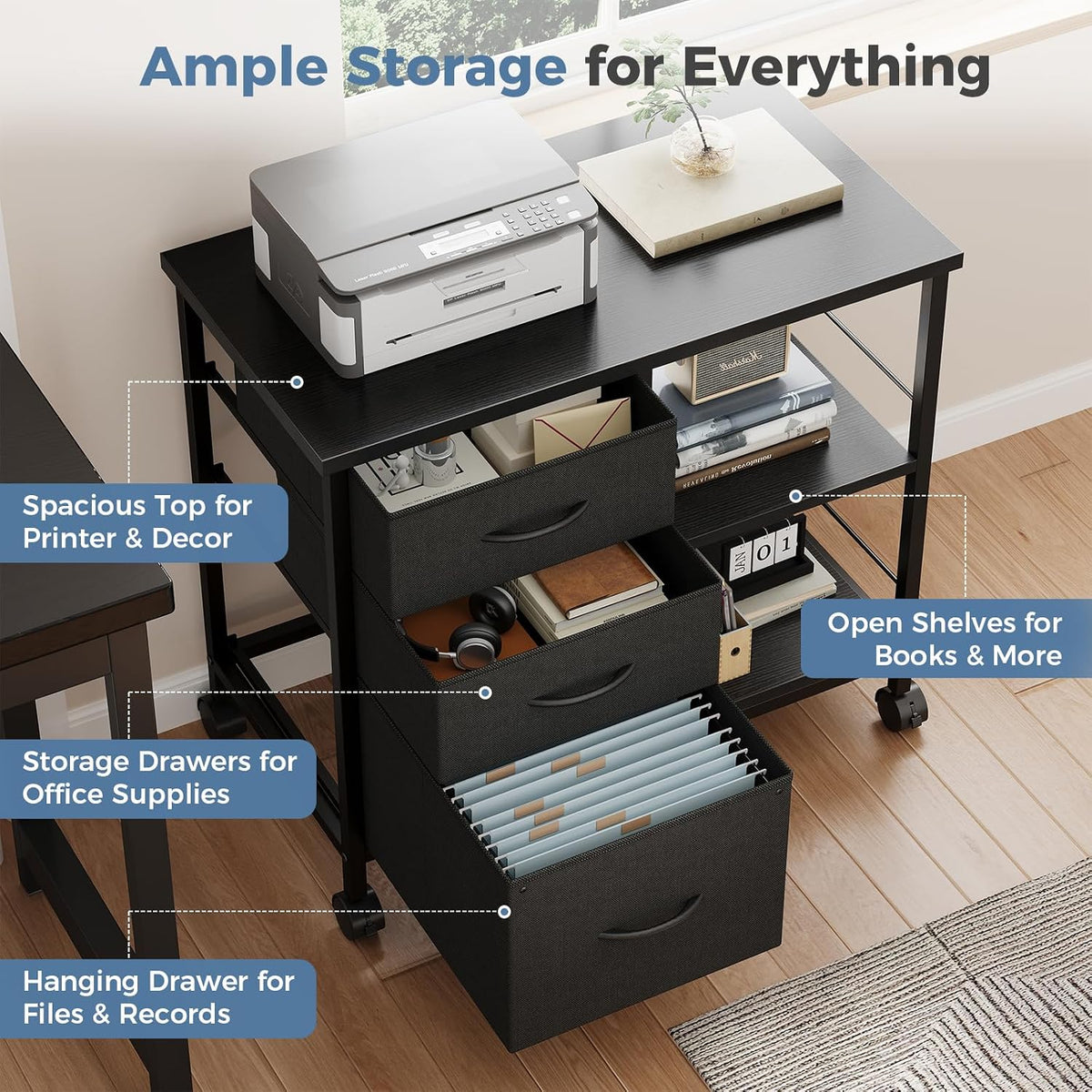 DUMOS 3-Tier Mobile File Cabinet, Rolling Printer Stand with Storage | Fabric Lateral Filing Cabinet fits A4/Letter Size, Under Desk Drawer Cabinet, Printer Cart for Home Office, Black - Field & Nook