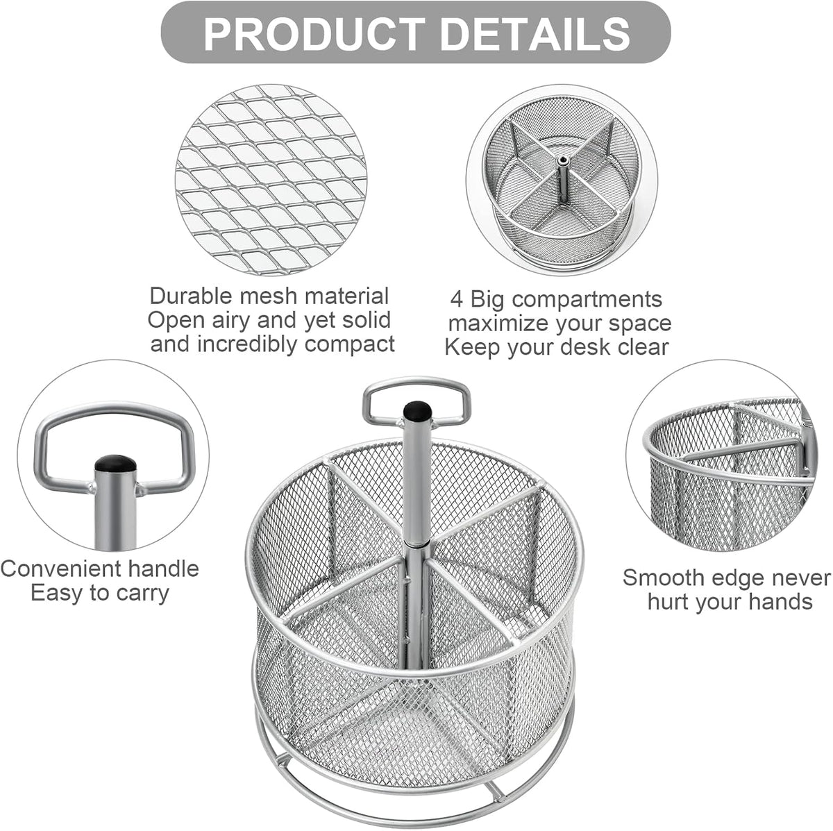 Marbrasse Mesh Desk Organizer, 360-Degree Rotating Multi-Functional Pen Holder, 4 Compartments Desktop Stationary Organizer, Home Office Art Supply Storage Box Caddy (silver) - Field & Nook