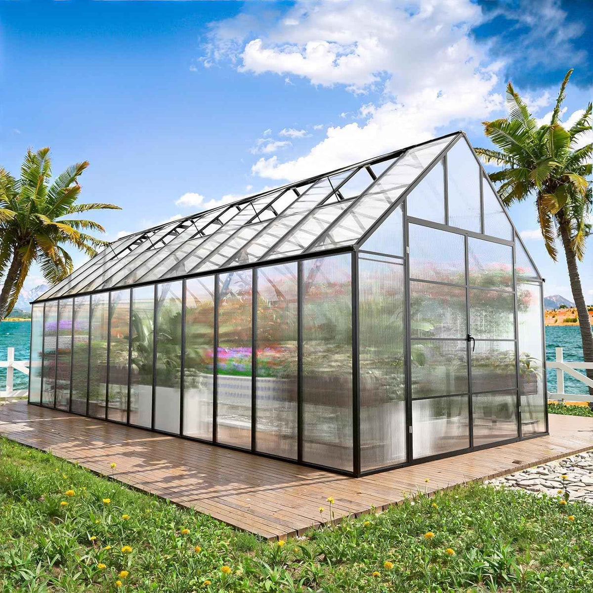 10x24 FT Large Greenhouse, Easy Assembly Hybrid Polycarbonate Greenhouses for Outdoors w/5 Vent Windows & Swing Door Walk-in Greenhouses Aluminum Green House for Outside, Black