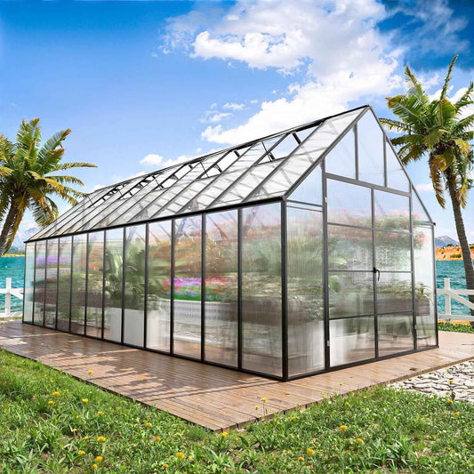 10x24 FT Large Greenhouse, Easy Assembly Hybrid Polycarbonate Greenhouses for Outdoors w/5 Vent Windows & Swing Door Walk-in Greenhouses Aluminum Green House for Outside, Black