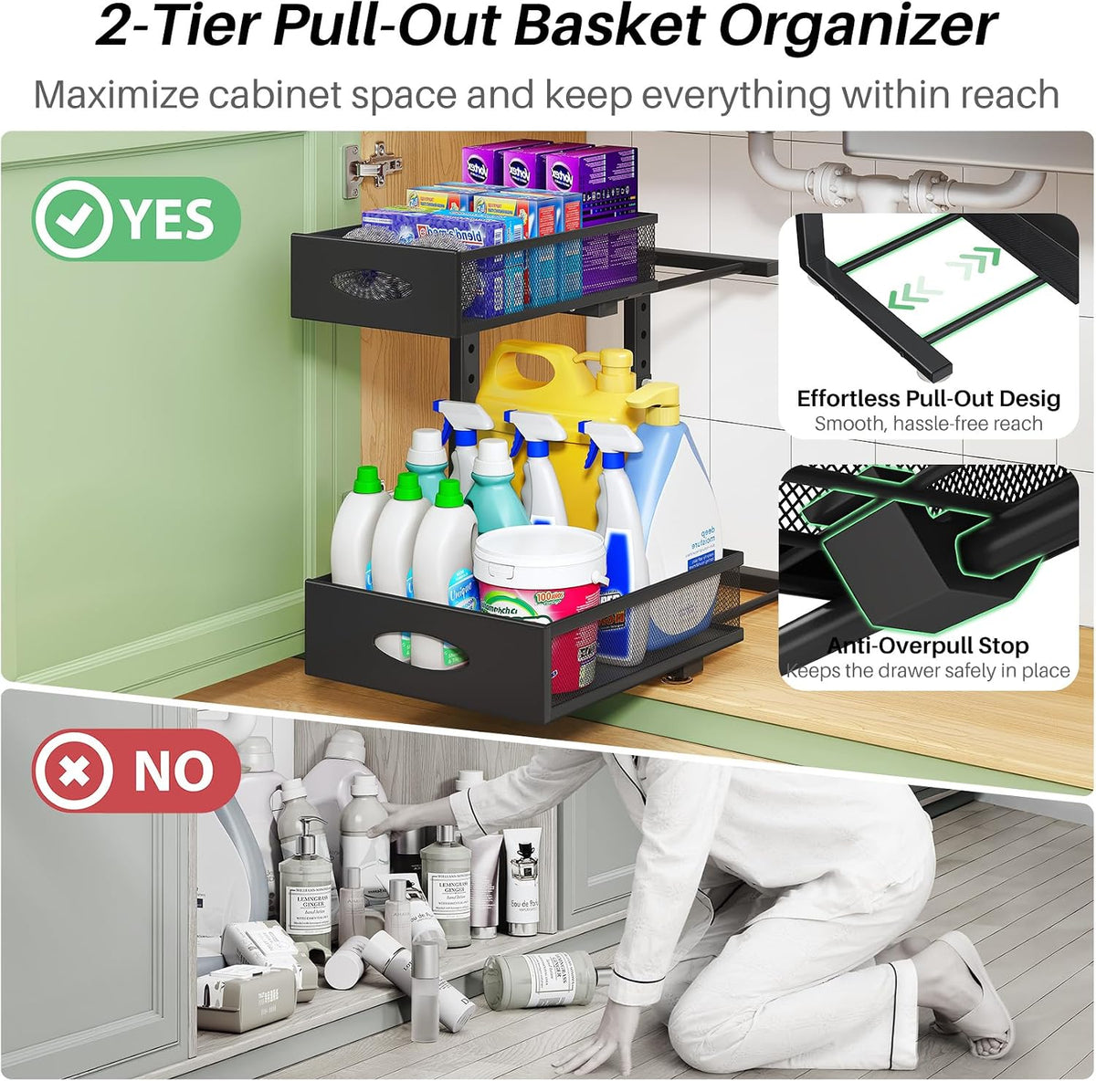 Under Sink Organizer, 2-Pack Pull Out Cabinet Organizer 2 Tier Metal Slide Out Storage Shelf Rack, L-Shaped Adjustable Height,Mesh Sliding Drawer for Kitchen, Bathroom, Laundry, Pantry, Black, XL - Field & Nook