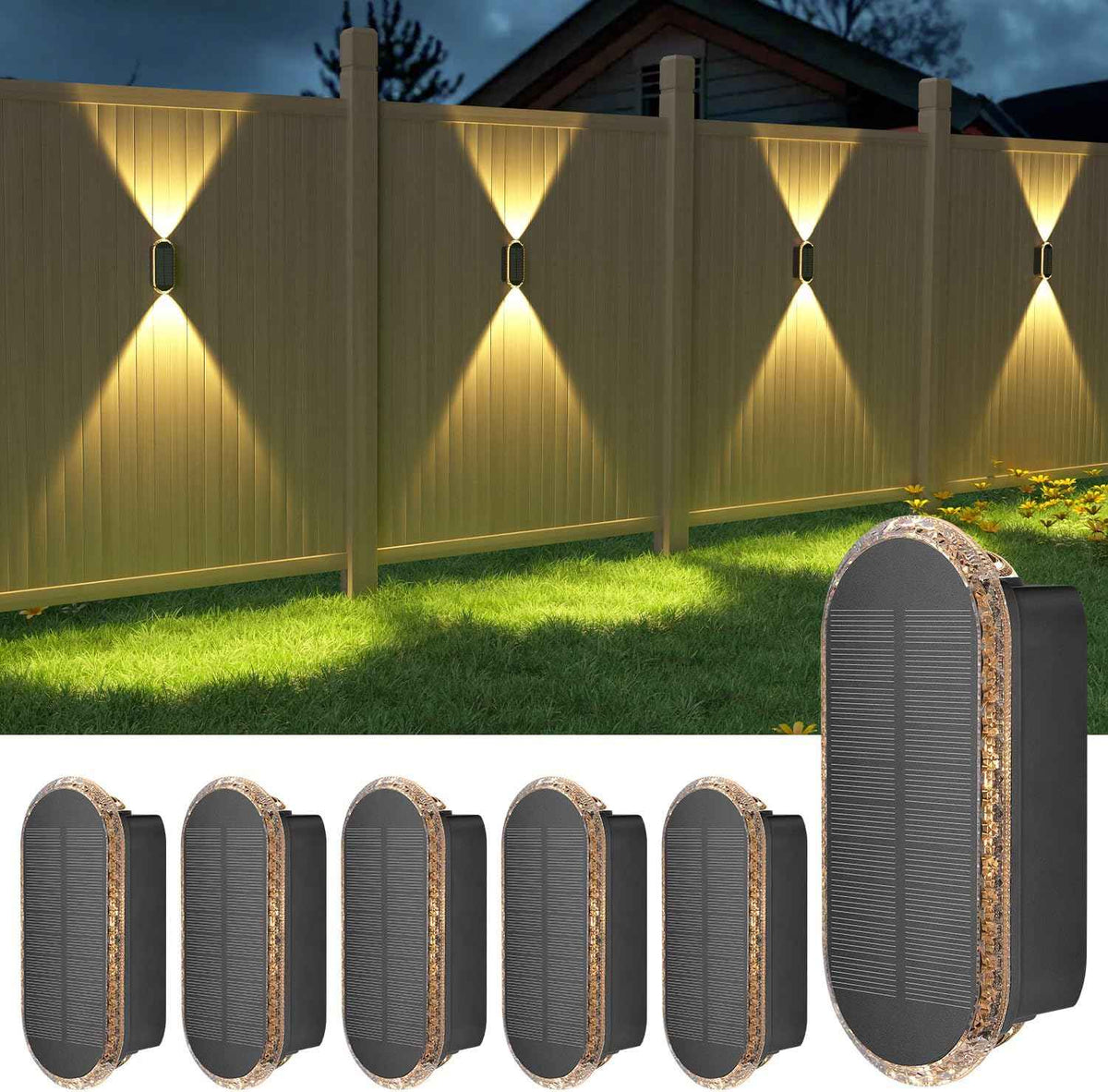 Solar Fence Lights Outdoor: 6-Pack Solar Powered Wall Lights Up and Down Waterproof IP65-3 Color Brighter LED Focus Lens SolarLights Dusk to Dawn 12h for Patio/Backyard/Porch/Railing