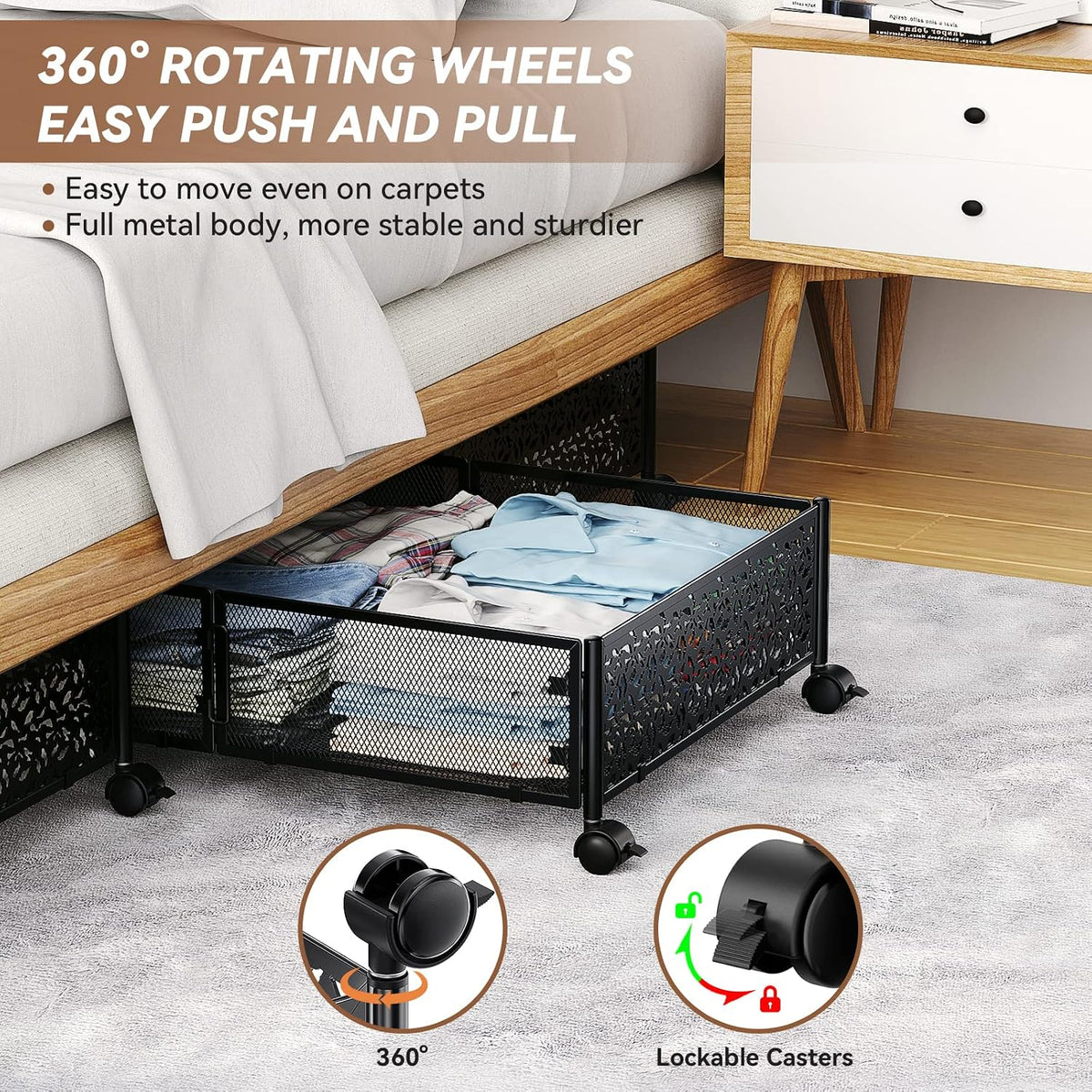Under Bed Stroage Container with wheels,Patterned,Metal,2 Pack,Black | Tool-free assembly, glide smoothly, easy reach, foldable, maxmazie low-profile beds, dorm, keep seasonal clothes, shoes fresh - Field & Nook
