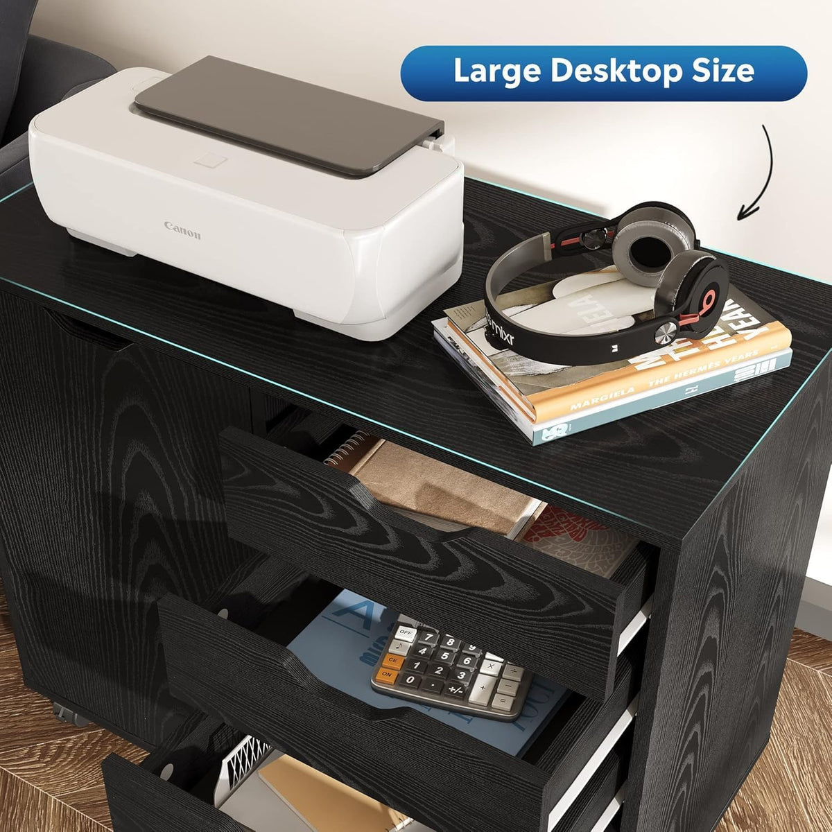 5-Drawer Wood Drawer Cabinet, Office Storage Cabinet with Adjustable Shelf & Wheels, Printer Stand for Home Office, Black, 15.7" D x 30.7" W x 25.4" H - Field & Nook