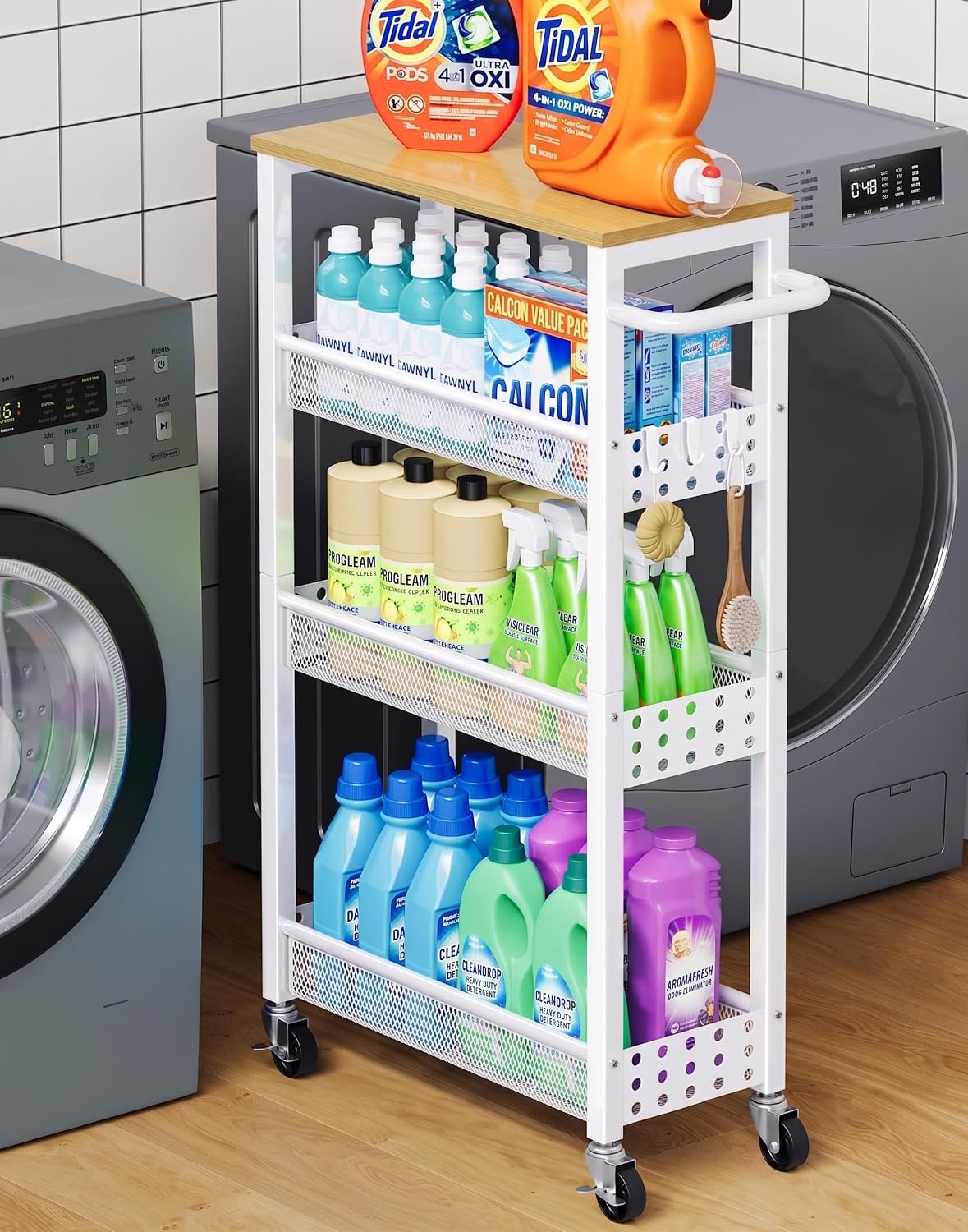 Utility Slim Rolling Cart with Table Top – Small Detergent Organizer Cabinet - Field & Nook