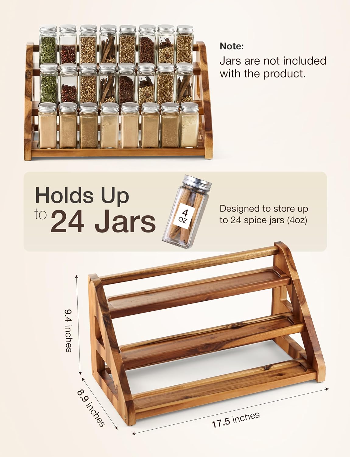 Tinamo Acacia Wood Spice Rack for Countertop - Wooden Tray Holds 24 Jars Spice Racks Organizer for Storage Shelf - 3 Tiered Spice Rack Organizer for Cabinet - Spice Shelf for Kitchen Pantry (Acacia) | Solid Acacia Wood, 3-tier Spacious Design for 24 Sp... - Field & Nook