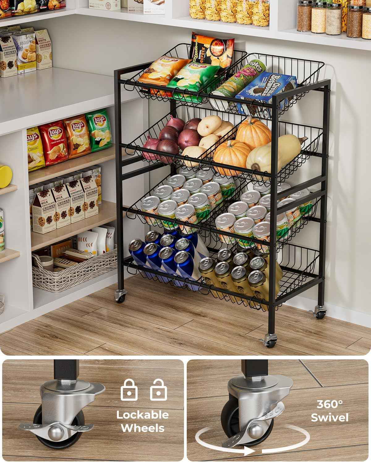 Evermagin 25.2" W Kitchen Storage Cart, 4-Tier Snack Cart with Wheels | Metal Fruit Basket Vegetable Stand, Pantry Storage Organizer with 8 Removable Baskets for Onion Potato, Black