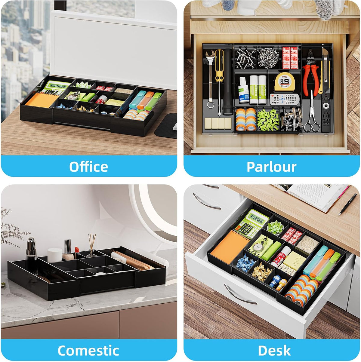 Marbrasse Expandable Desk Drawer Organizer, Clear Plastic Drawer Organizer Tray with 10 Adjustable Compartments, Desk Organizers and Accessories, 5 Drawer Dividers for Office Supplies, Makeup(Black) - Field & Nook