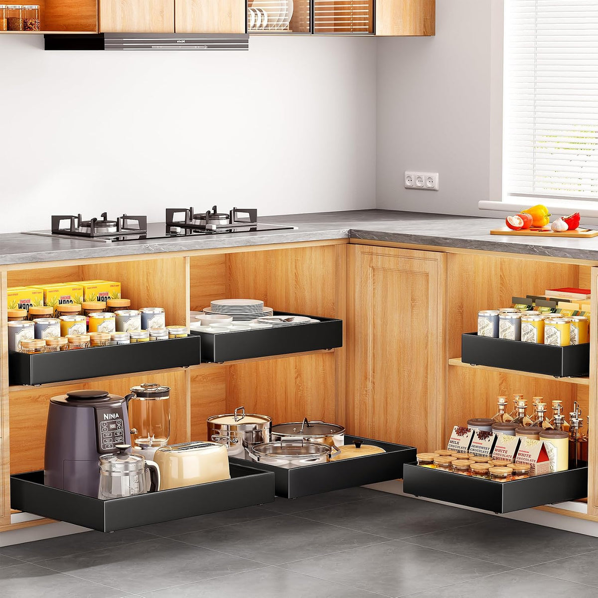 Pull out Cabinet Organizer, 21"Deep, 11.8"Wide Full-Extension Heavy Duty Slide out Drawers with Nano Adhesive, Roll Out Shelves Sliding Cabinet for Kitchen, Bathroom, Pantry,Under Sink Storage(Black) - Field & Nook