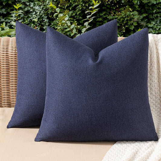 Outdoor Pillow Covers Waterproof 18x18 Navy – Solid Faux Linen Throw Pillow Covers Set of 2 Farmhouse for Patio Furniture Tent Balcony Garden Couch Sofa Cushion