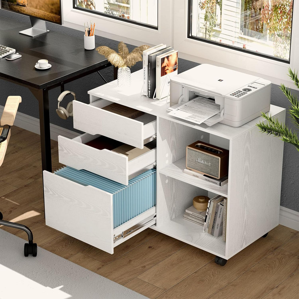 OLIXIS 3 Drawer Lateral File Cabinet, Rolling Printer Stand with Storage | Mobile Filing Cabinet Fits Under Desks, Holds A4/letter Files with Hanging Frame and Lockable Wheels, White - Field & Nook