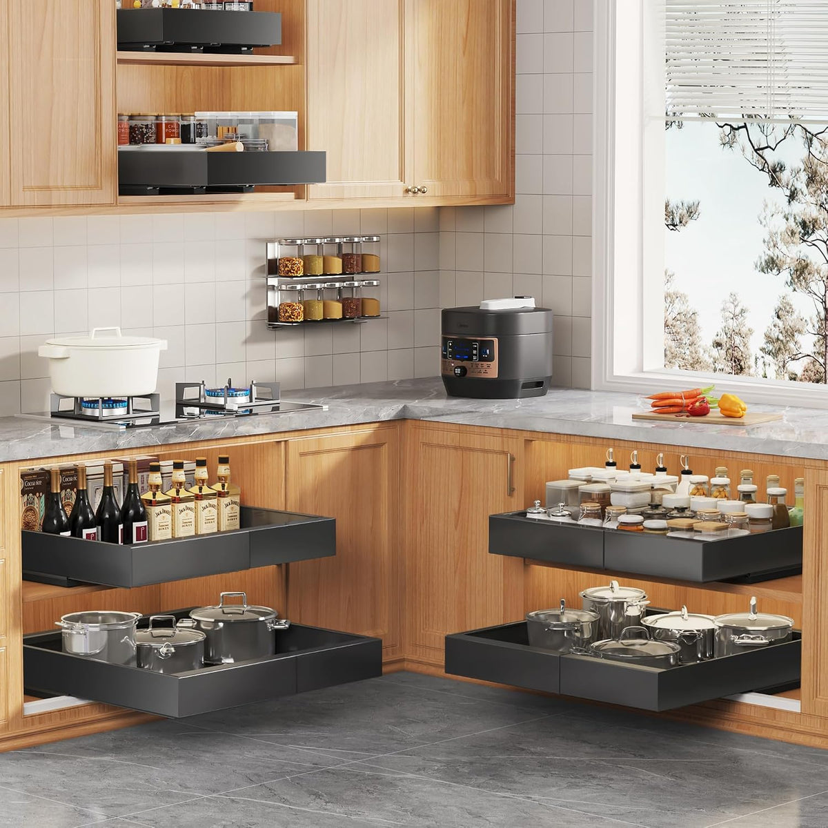 Seinloes 2Pack Expandable Pull Out Cabinet Organizer 21"Deep with Raising Pad for Framed Cabinets, Upgrade 3 Slide Rails Slide Out Drawers, Roll Out Shelves Adhesive,Adjustable Width 12.05"-20.4"Black - Field & Nook