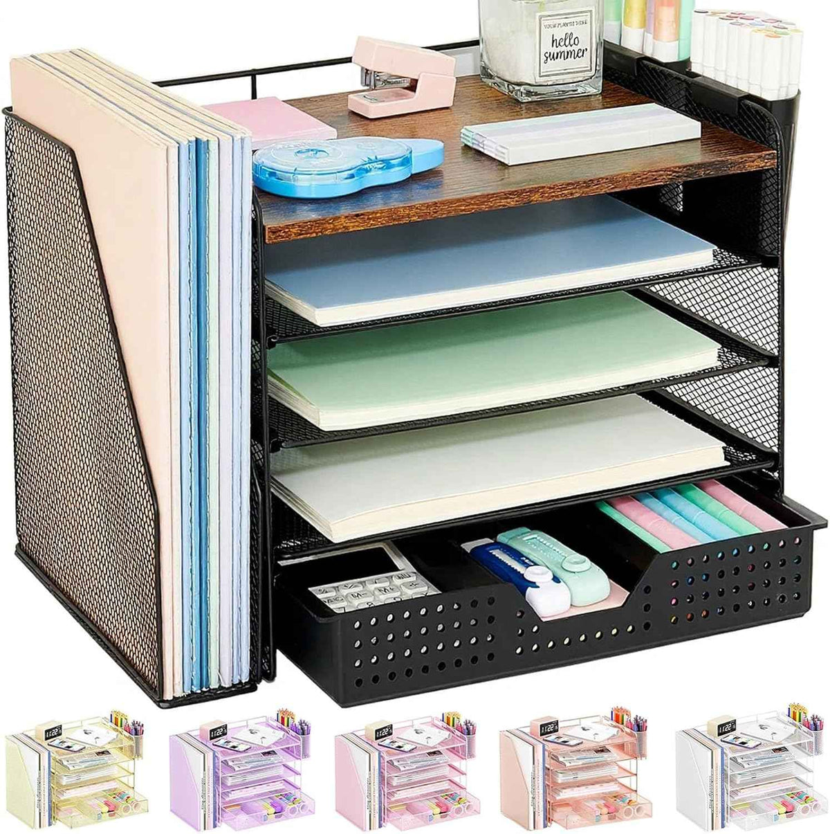 Desk Organizer, 5-Tier Desktop File Organizer with Drawer and Pen Holders, Office Desk Accessories, File Sorters, Workspace Organizers for Office Supplies(Wood)