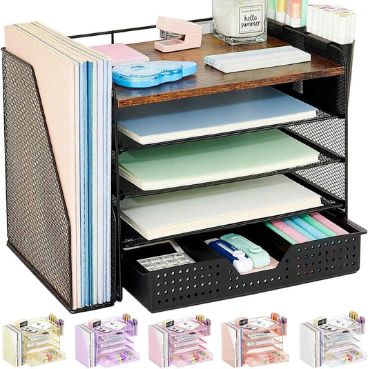 Desk Organizer, 5-Tier Desktop File Organizer with Drawer and Pen Holders, Office Desk Accessories, File Sorters, Workspace Organizers for Office Supplies(Wood)
