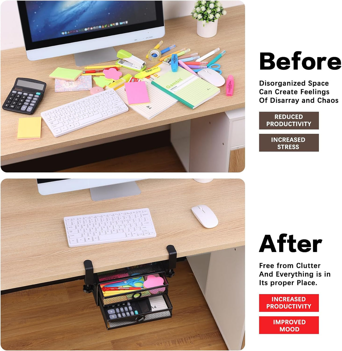 ROSYLINE Under Desk & Desktop Drawer Organizer, 2-Tier Big Capacity | Steel Construction, Clip-On No Drill Installation, Fits A4 Paper, for Office & Household Supplies - Field & Nook
