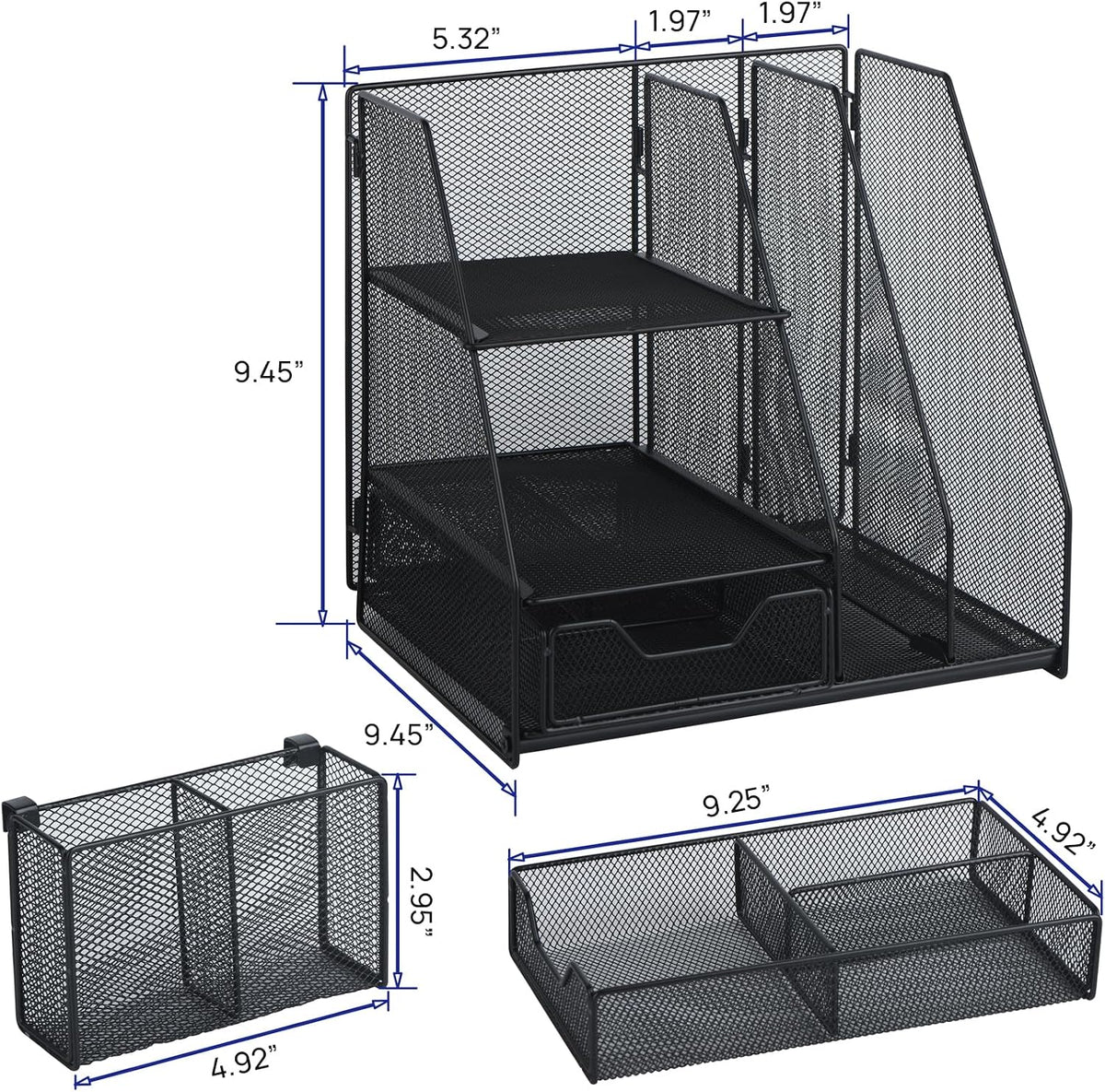 Topwey Desk Organizer, File Organizer for Desk with 2-Tier Paper Letter Tray, Drawer and 2 Pen Holder, Mesh Desktop Organization with Magazine Holder for Office Supplies - Field & Nook