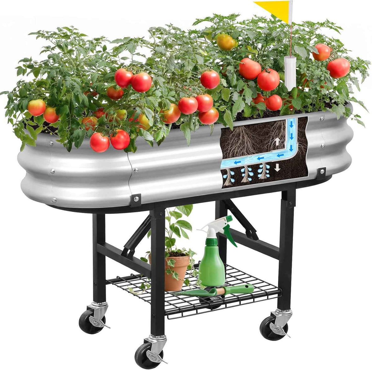 Self-Watering Raised Garden Bed with Legs and Heavy Duty Wheels, Easy-Install Planter Box with Foldable Stand, Galvanized Metal Elevated Wicking Bed with Liner for Indoor Outdoor Gardening