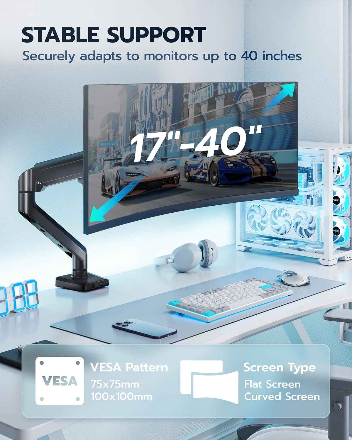 ARES WING 17-40 Inch Heavy Duty Monitor Arm, Black | Fully Adjustable Monitor Mount for Ultrawide Screens up to 26.4 lbs with Clamp/Grommet Desk Mount, 75/100 Vesa Mount