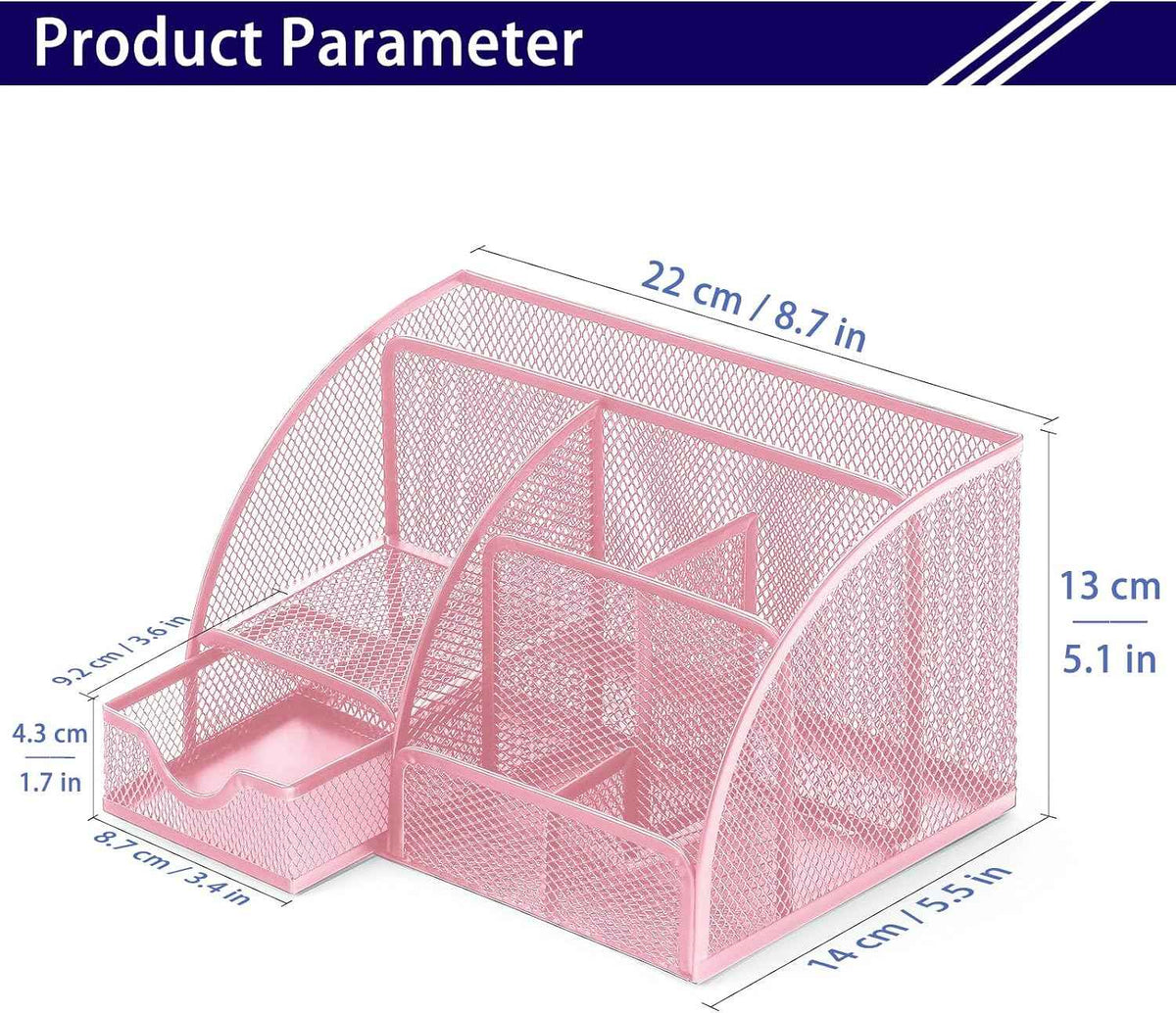 Boutilon Mesh Desk Organizer Desktop Office Supplies Stationary Organizer with 6 Compartments and 1 Drawer Multi-Functional Caddy Pen Holder for Home Office School Desk Decor(Pink)