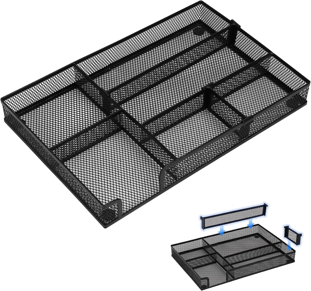 Desk Organizer, Desk Drawer Organizer Tray with Adjustable Dividers, Black Desktop Metal Mesh Office Desk Organizer, Stackable Multifunctional Pen Organizer for Office School Home Makeup Supplies (1) - Field & Nook