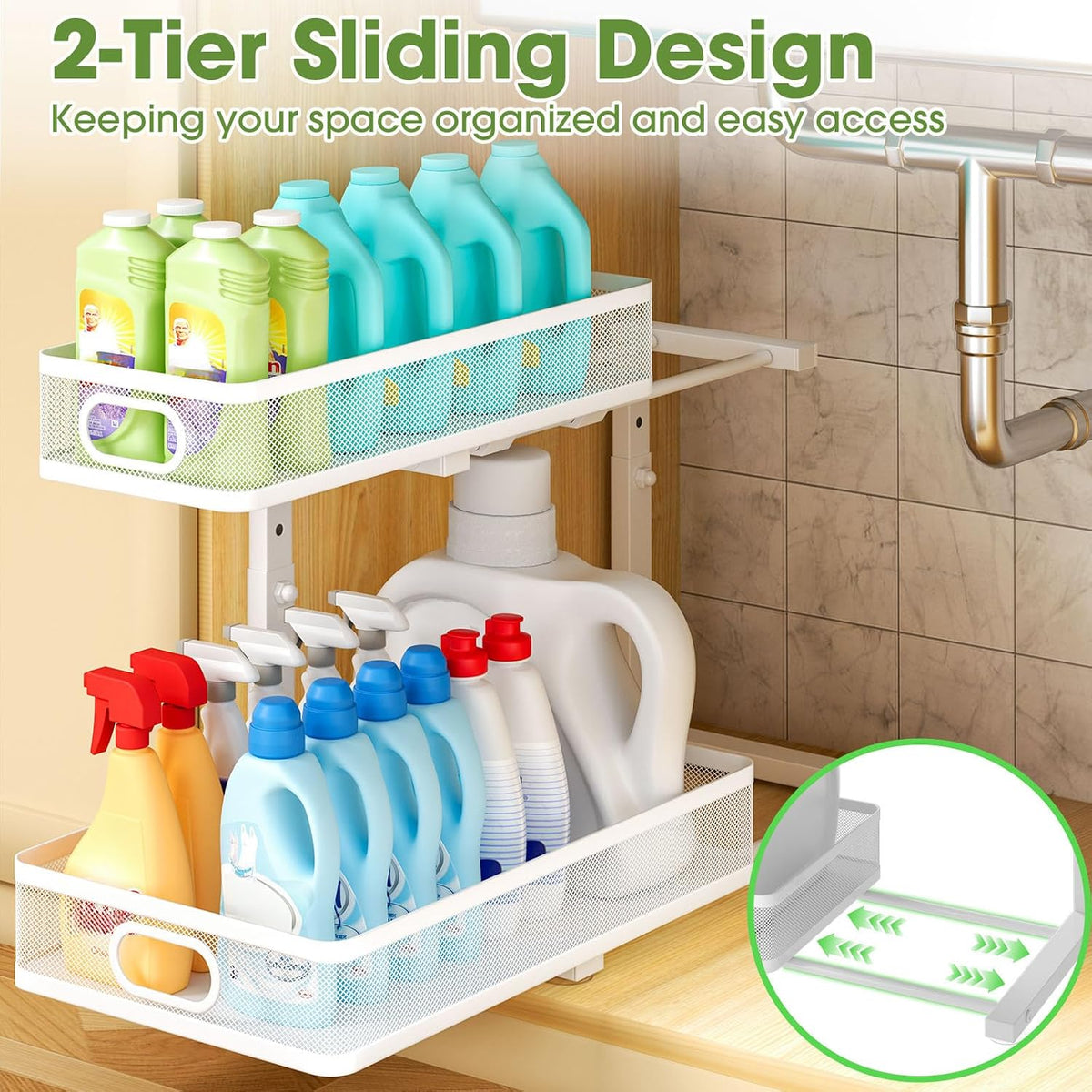 Under Sink Organizer 2-Pack, Metal 2-Tier Pull-Out Cabinet Shelf with Slide-Out Mesh Drawers, Height Adjustable, Space-Saving Under Sink Storage Racks for Kitchen, Bathroom, Laundry Room, White - Field & Nook