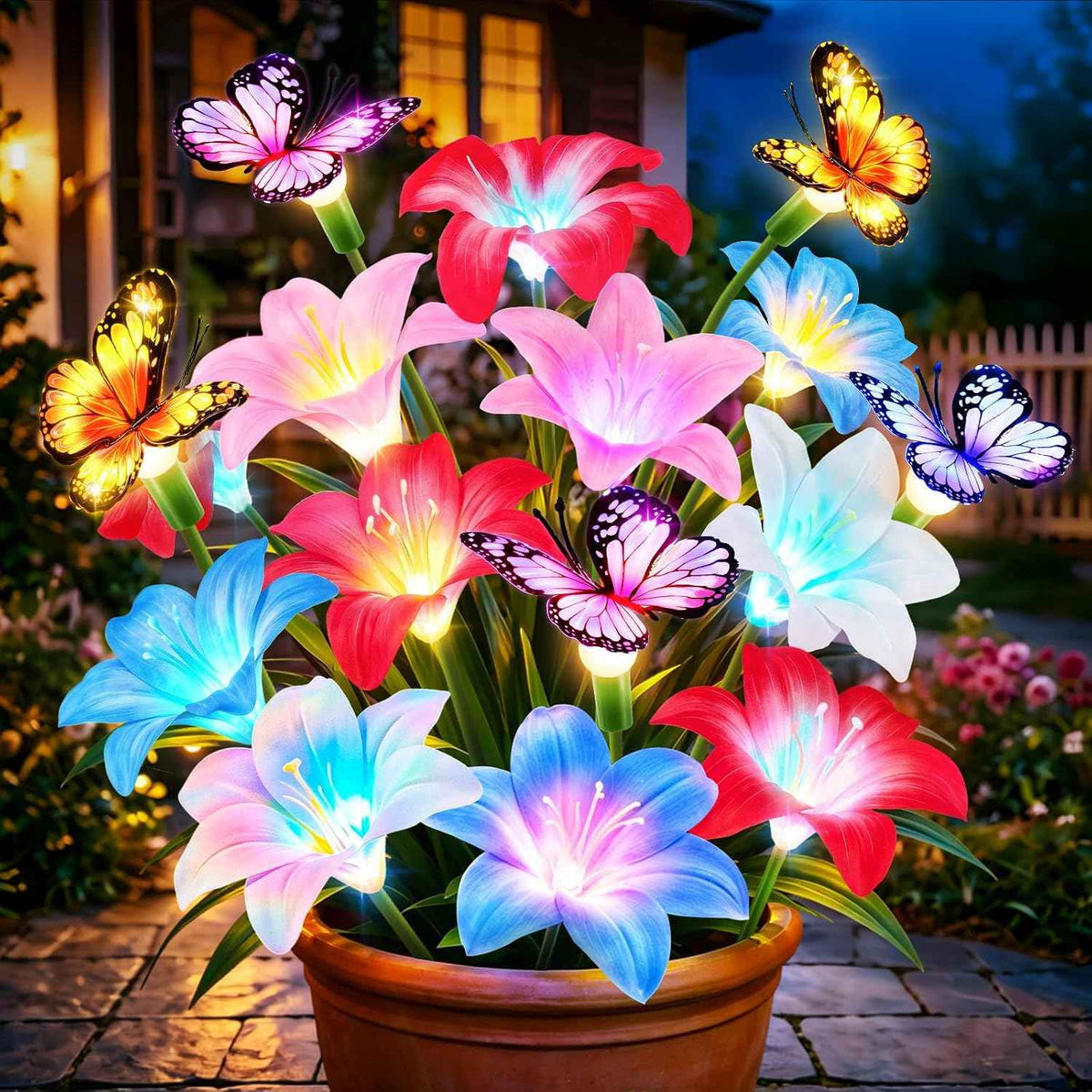 4 Pack Solar Garden Lights Outdoor, 7 Color Changing Lily Flower Lights | Silk lily Petals With Butterflies, 32 Warm LEDs, 800mAh Solar Power, IP65 Waterproof for Gardens, Patios, Flower Beds, Yards