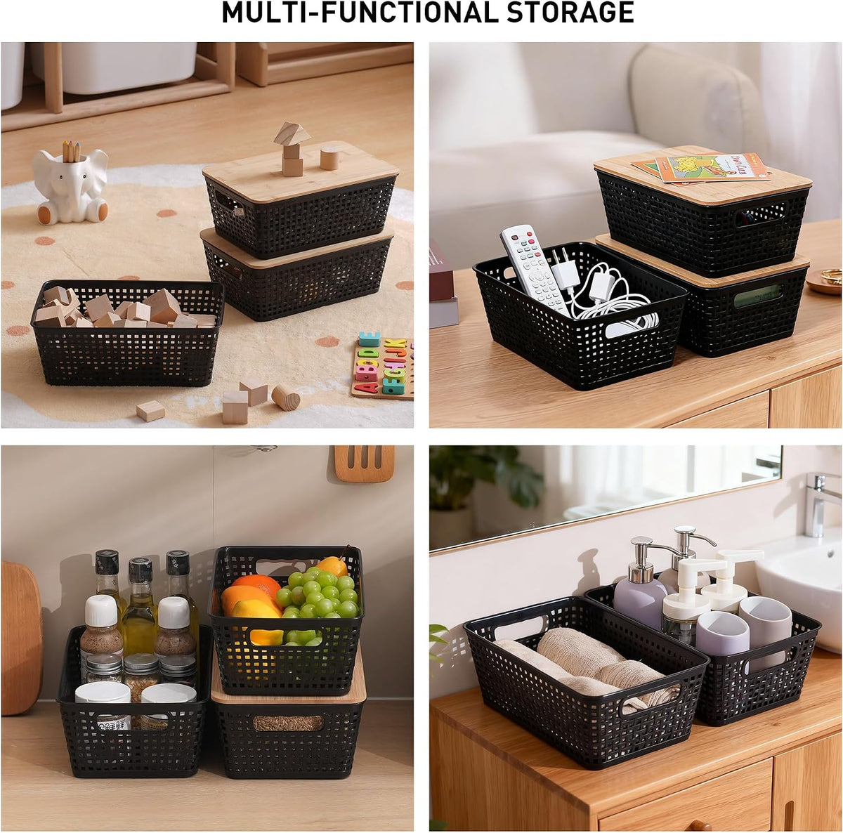 Storage Bins with Lids 6 Packs, Plastic Storage Bins with Bamboo Lids for Pantry Organization and Storage Containers for Shelves Drawers Desktop Closet Office Home, Black - Field & Nook