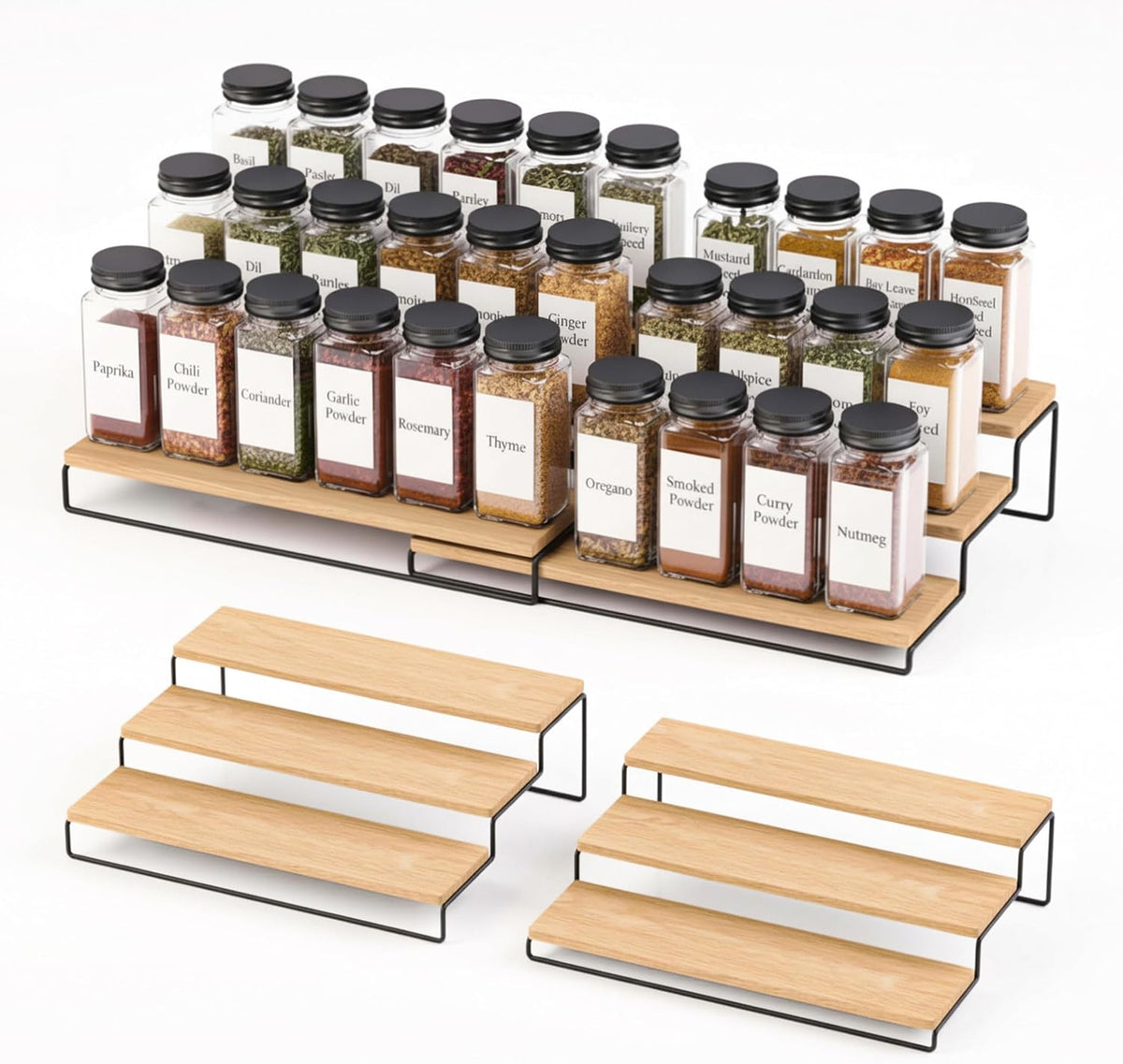Tiered Spice Rack Organizer – Wood & Metal Countertop & Cabinet Spice Stand, Strong & Sturdy 3-Tier Shelf for Kitchen, Pantry, Seasoning Bottles – Minimal Scandinavian Design - Wood Brown - Field & Nook