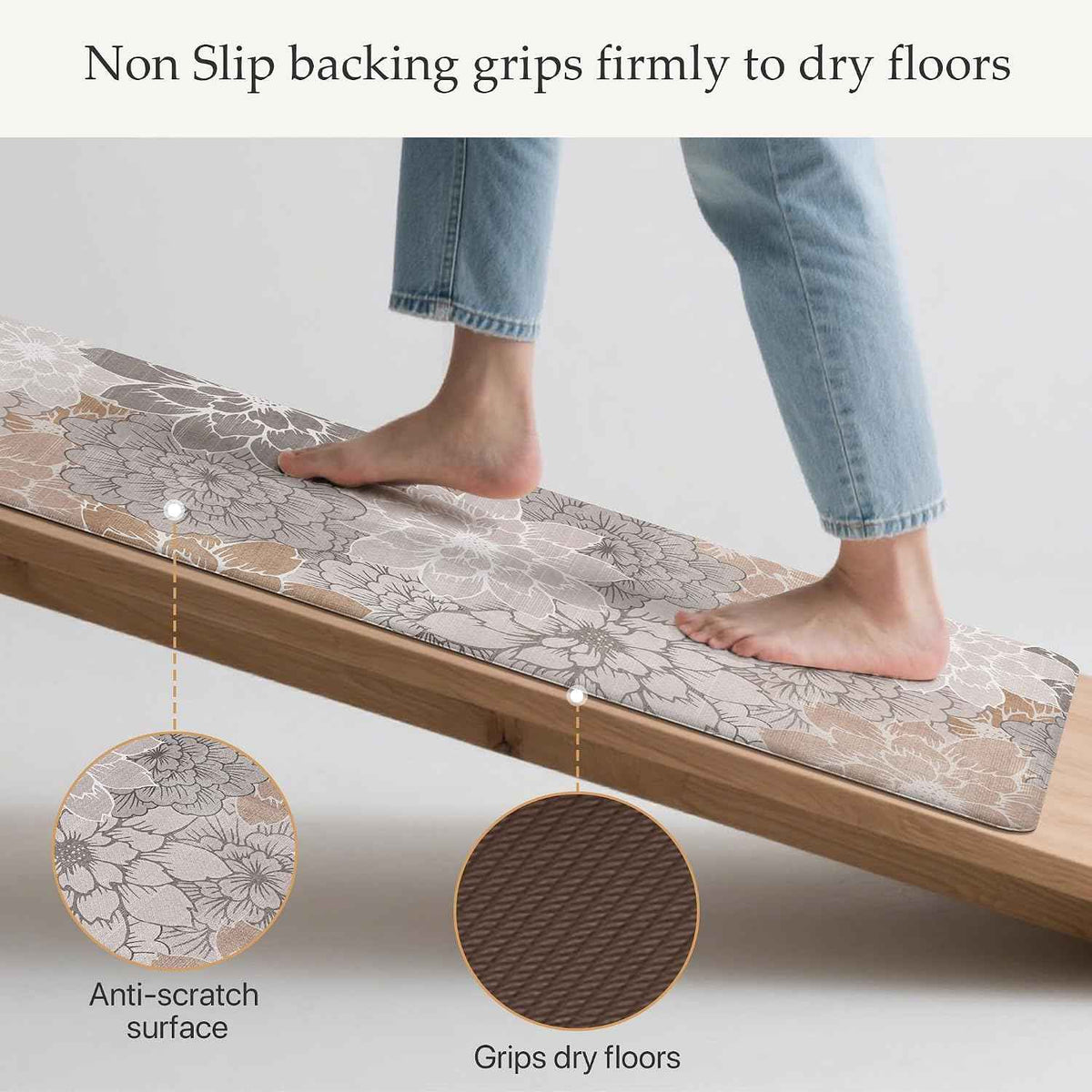 GENIMO Anti Fatigue Kitchen Mats for Floor 2PCS, Cushioned Standing Mats | 17.3"x47"&17.3"x30", Taupe Grey vintage floral rug set, waterproof, non slip, easy-clean for farmhouse
