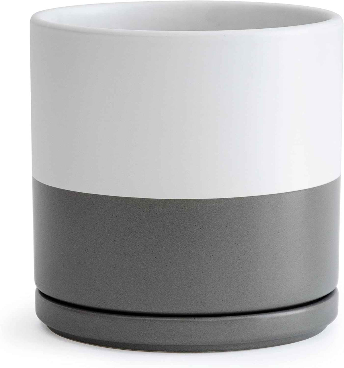 D'vine Dev 10 Inch Ceramic Planter Pot with Drainage Hole and Saucer, Indoor Cylinder Round Planter Pot, White/Speckled Grey, 94-O-E-6