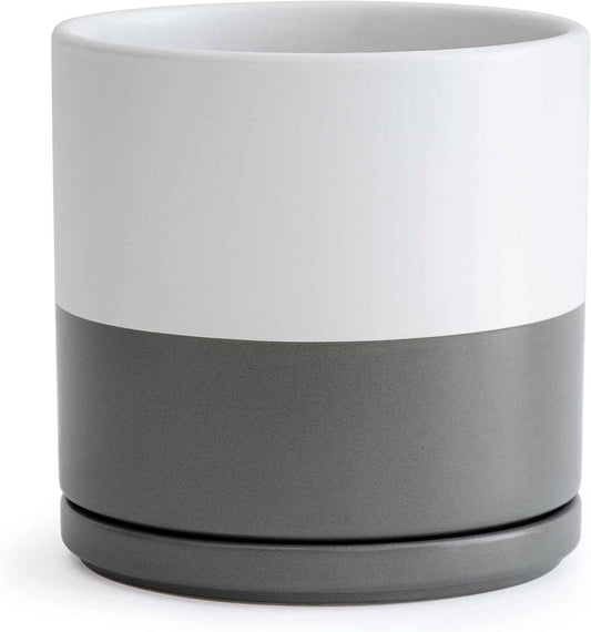 D'vine Dev 10 Inch Ceramic Planter Pot with Drainage Hole and Saucer, Indoor Cylinder Round Planter Pot, White/Speckled Grey, 94-O-E-6