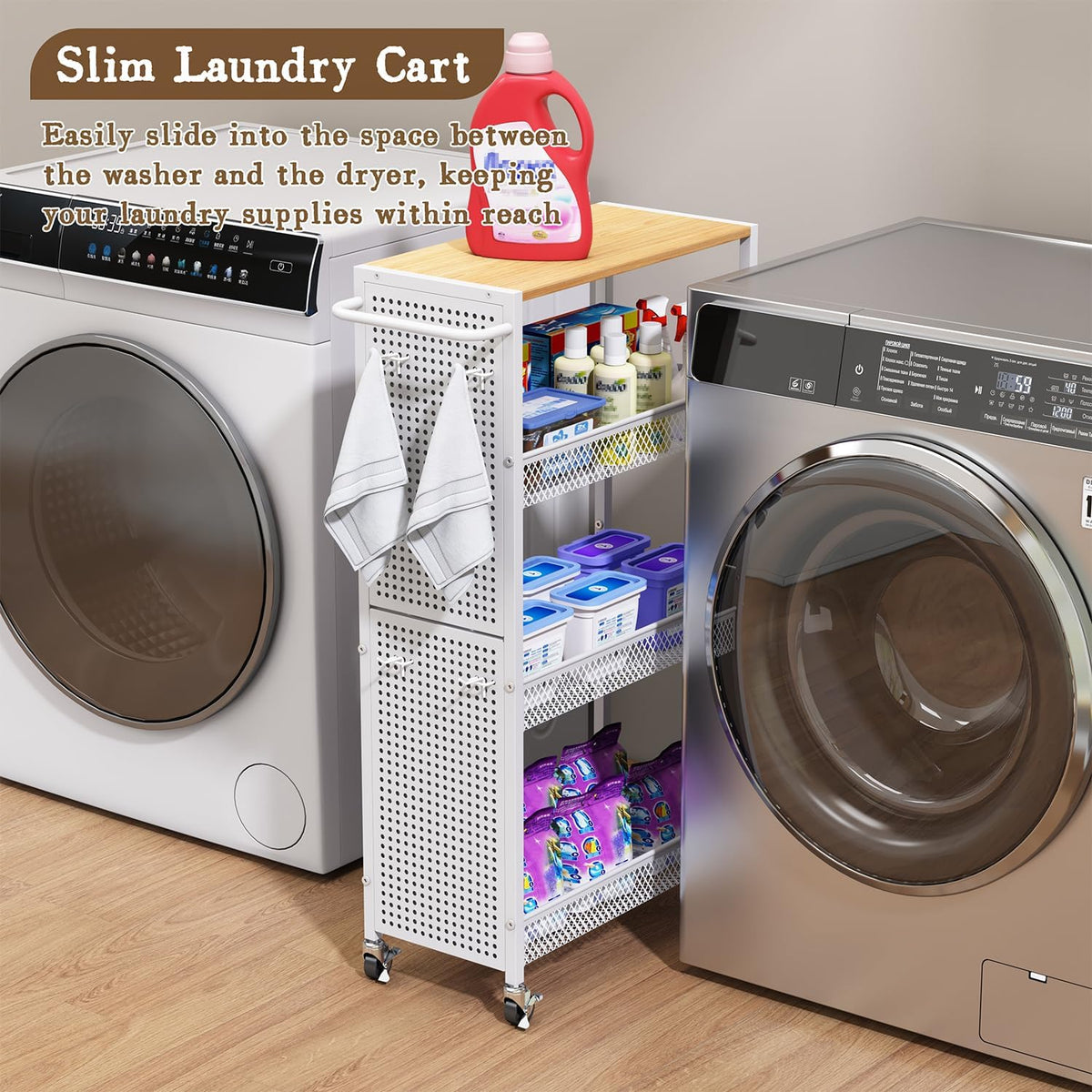 Slim Wood-Top Rolling Laundry Storage Cart - Field & Nook