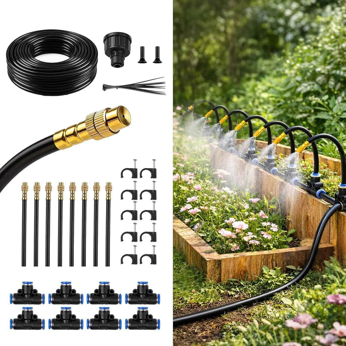 50FT Drip Irrigation Kit, 360° Adjustable Garden Watering System with 1/4" Tubing, Brass Misting Nozzles, DIY Irrigation System for Plants, Raised Beds, Greenhouse