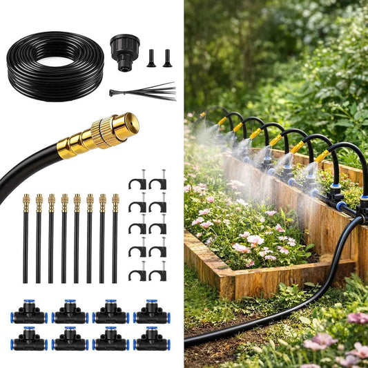 50FT Drip Irrigation Kit, 360° Adjustable Garden Watering System with 1/4" Tubing, Brass Misting Nozzles, DIY Irrigation System for Plants, Raised Beds, Greenhouse