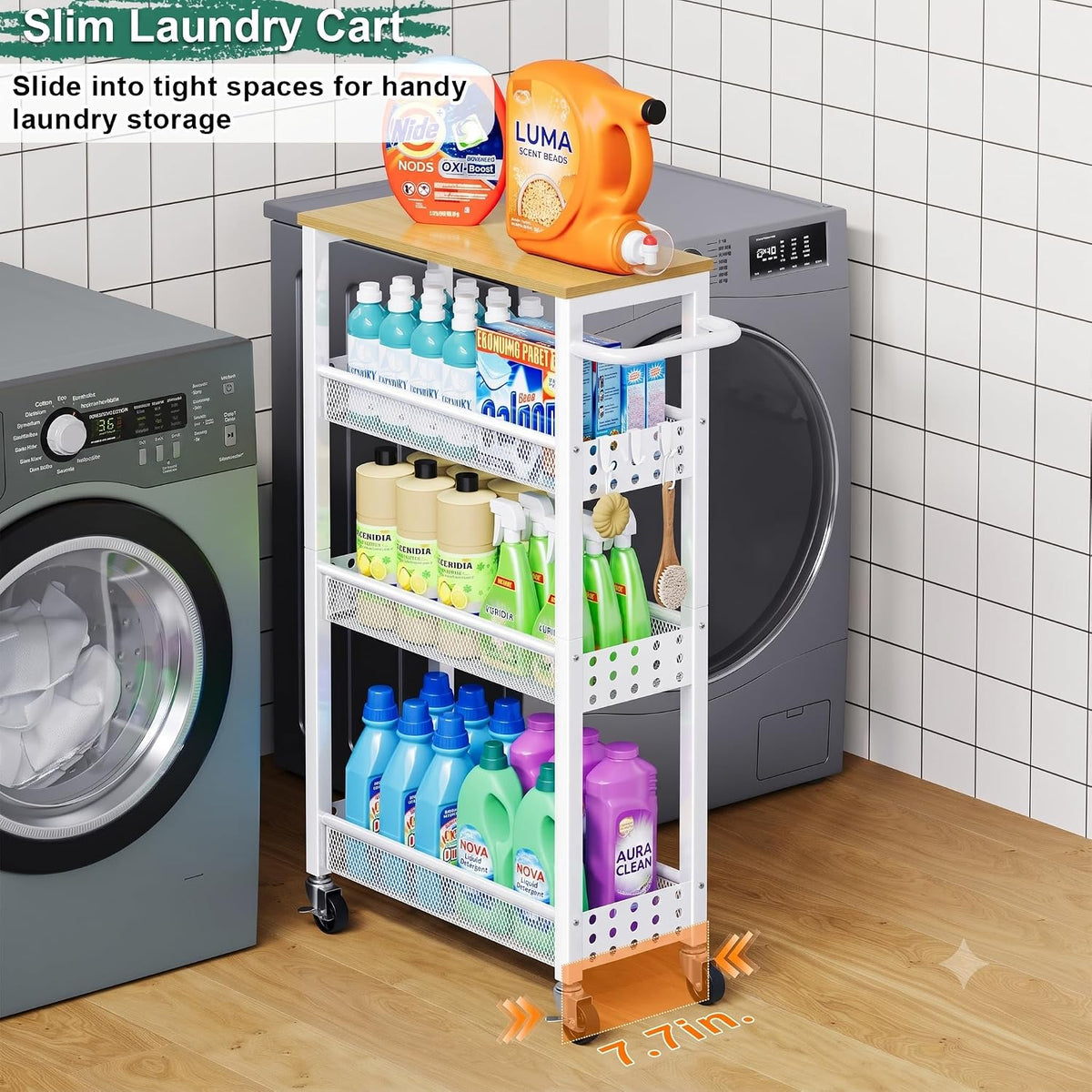 Utility Slim Rolling Cart with Table Top – Small Detergent Organizer Cabinet - Field & Nook