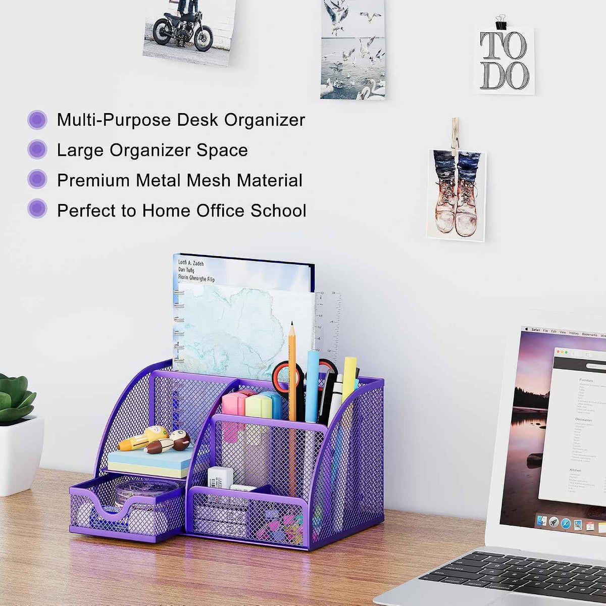 EasyPAG Mesh Desk Organizer with Drawer Multi-functional Pen Holder Stationery Organizer for Office School Supplies 6 Compartments Dorm Organizers and Storage for Desk, Purple