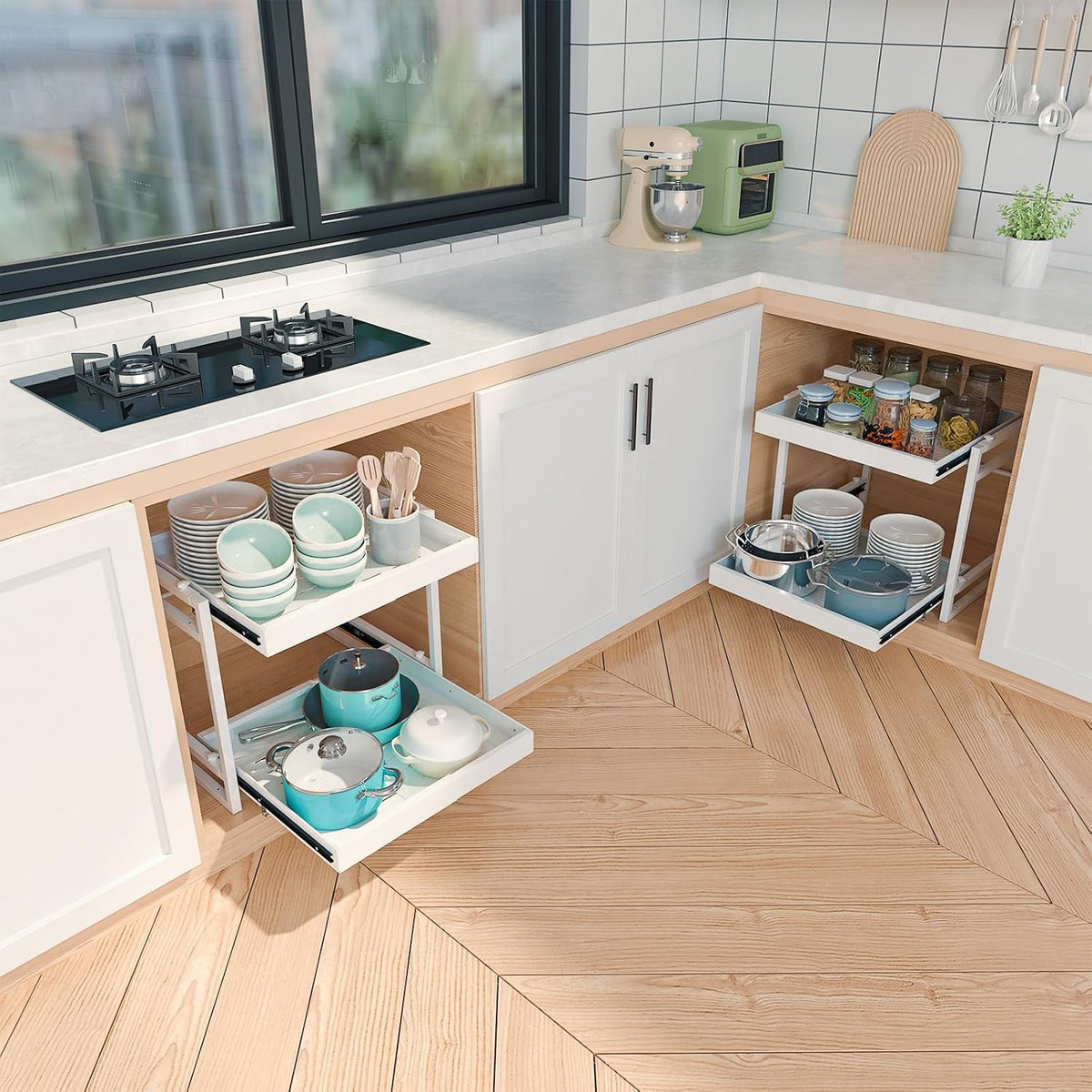 2 Tier Pull Out Cabinet Organizer, 21 inch Depth Slide Out Shelves