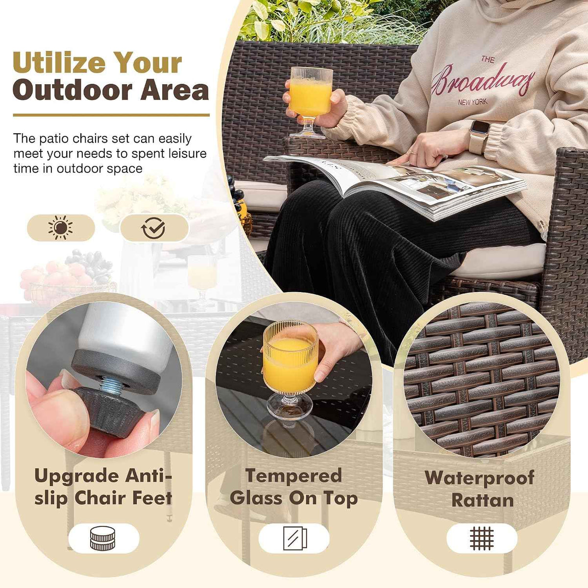 Homall 4 Pieces Outdoor Patio Furniture Set, Rattan Chairs, Brown &
