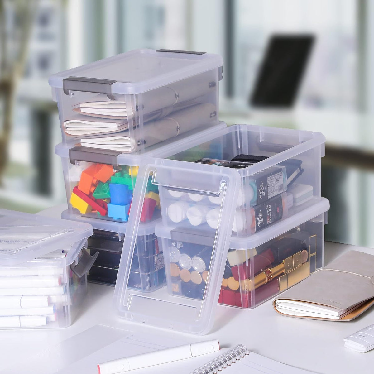 Citylife 4 Packs Small Storage Bins with Lids 3.2 QT Plastic Storage Containers for Organizing Stackable Clear Storage Boxes - Field & Nook