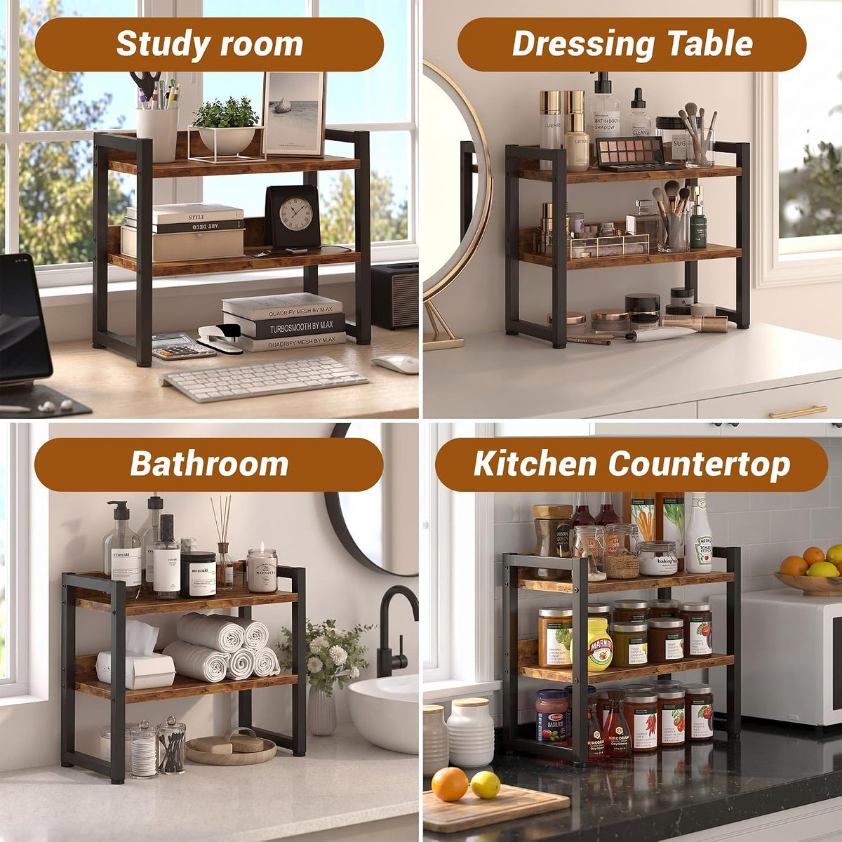 Kitchen Countertop Organizer Shelf, 3 Tier Spice Rack Wood Coffee Counter Shelf Kitchen Cabinet Organizer with Metal Leg for Countertop, Pantry, Bathroom Countertop Organizer, Rustic Brown - Field & Nook