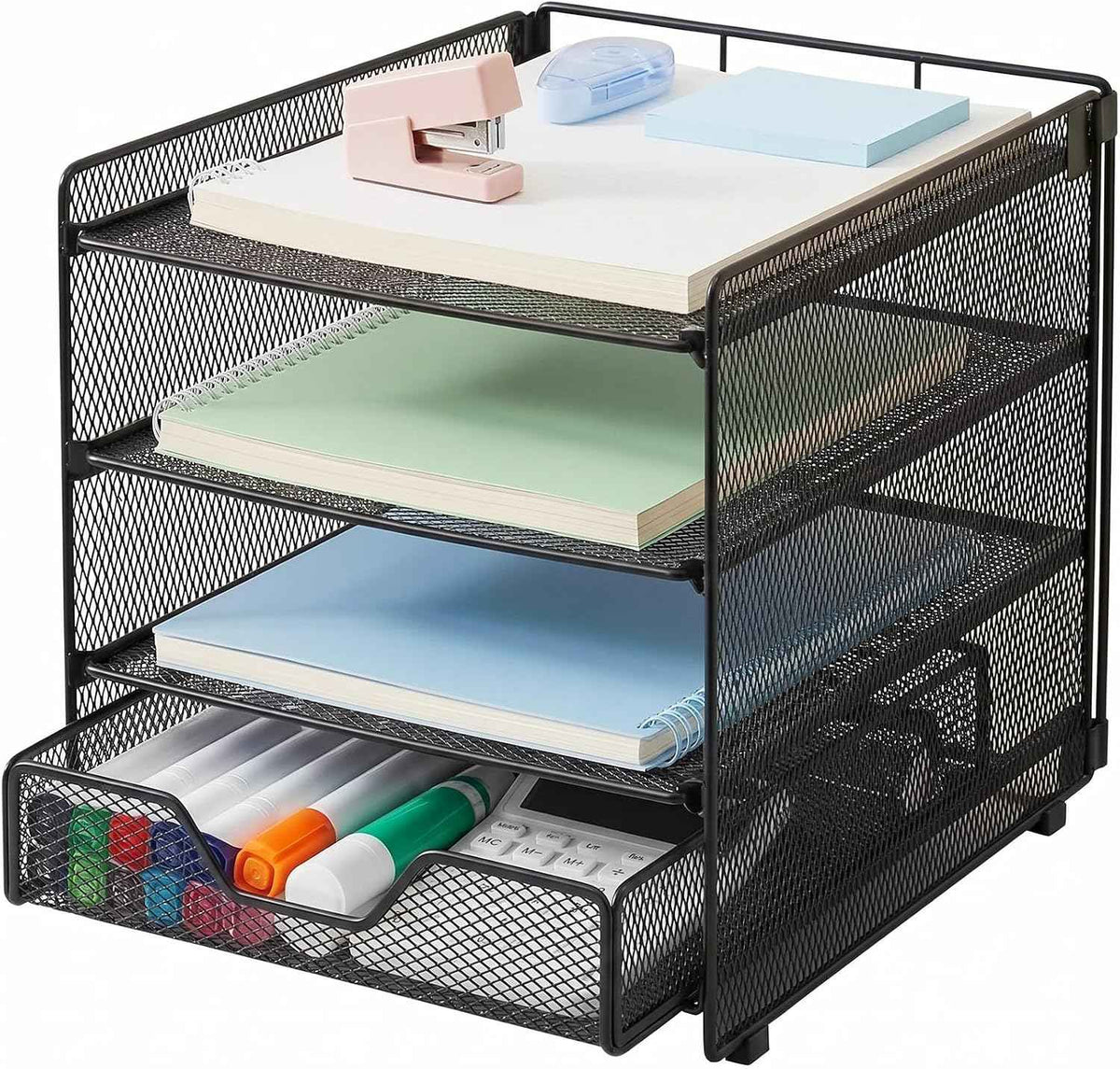 Desk Organizer, 4-Tier Desktop File Organizer with Drawer, Office Desk Accessories, File Sorters, Workspace Organizers for Office Supplies(Black Upgraded)