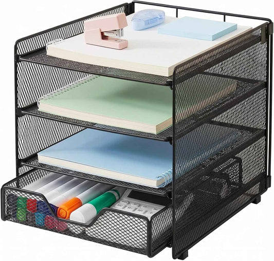 Desk Organizer, 4-Tier Desktop File Organizer with Drawer, Office Desk Accessories, File Sorters, Workspace Organizers for Office Supplies(Black Upgraded)