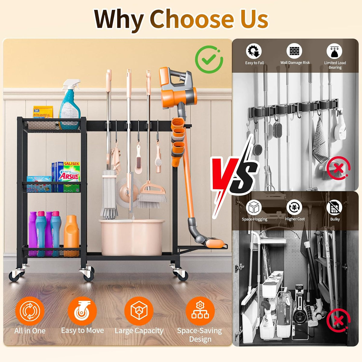 Broom Holder with Cleaning Supplies Organizer, 30.7"Wx11.8"Dx34.6"H | Load 350 LBS, Cleaning Cart with Wheels, 3-Tier Shelves, 6 Mop Hanger Grippers & 3 Double-Hooks, Vacuum Stand for Laundry - Field & Nook