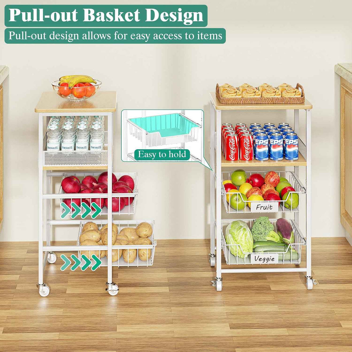 4-Tier Fruit Vegetable Storage Cart Rolling Kitchen Cart with Drawer | Pull-out basket, wood rack, durable & sturdy, fits pantry, living room, bathroom, 360° wheels with brakes, wood top, white