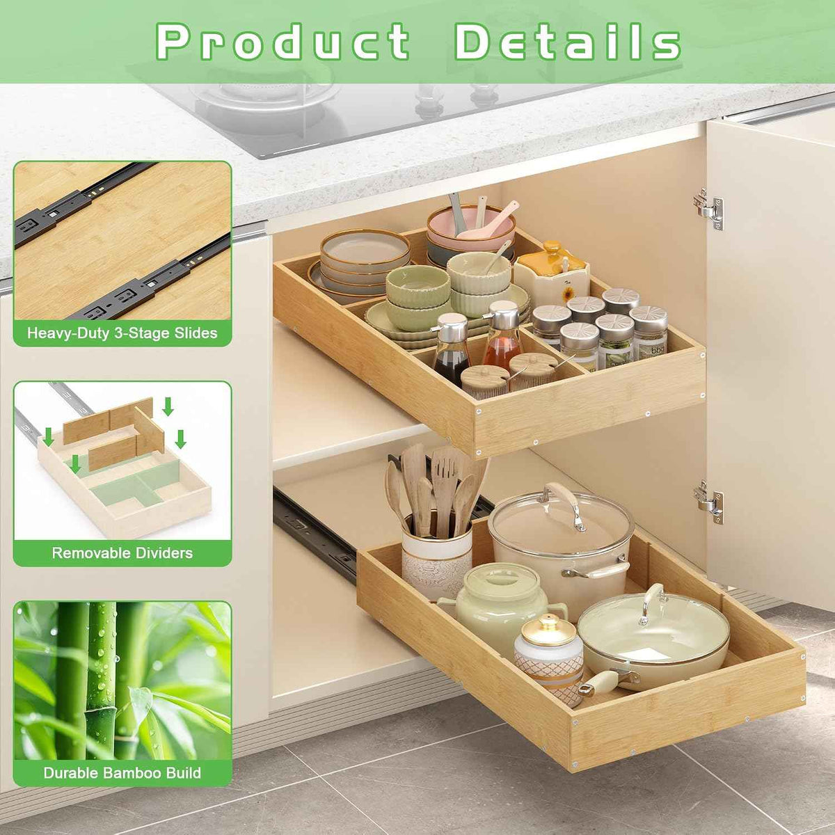 Bamboo Pull-Out Cabinet Organizer, 14" W x 21" D