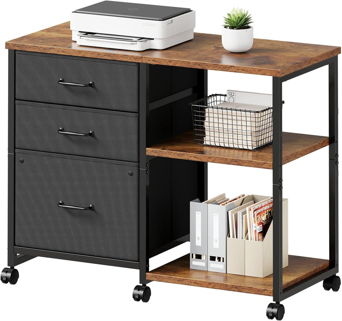 3 Drawer File Cabinet with Wheels Rolling Printer Stand with Open Storage Shelf Fabric Lateral Filing Cabinet for Home Office,Rustic Brown - Field & Nook