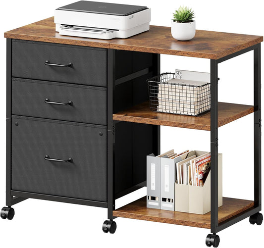 3 Drawer File Cabinet with Wheels Rolling Printer Stand with Open Storage Shelf Fabric Lateral Filing Cabinet for Home Office,Rustic Brown - Field & Nook