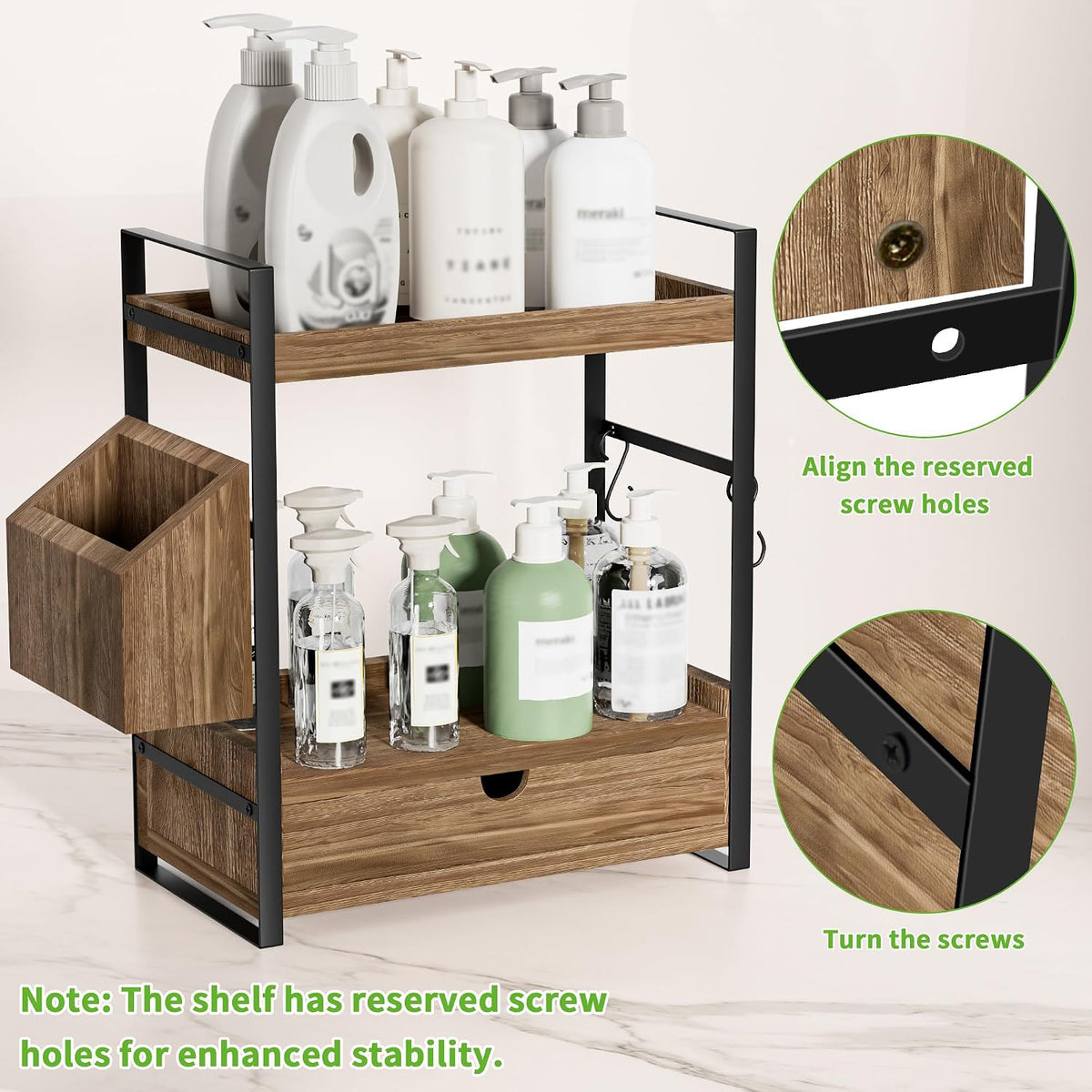 Two-Tier Bathroom Counter Organizer – Wood Shelf with Drawer & Basket